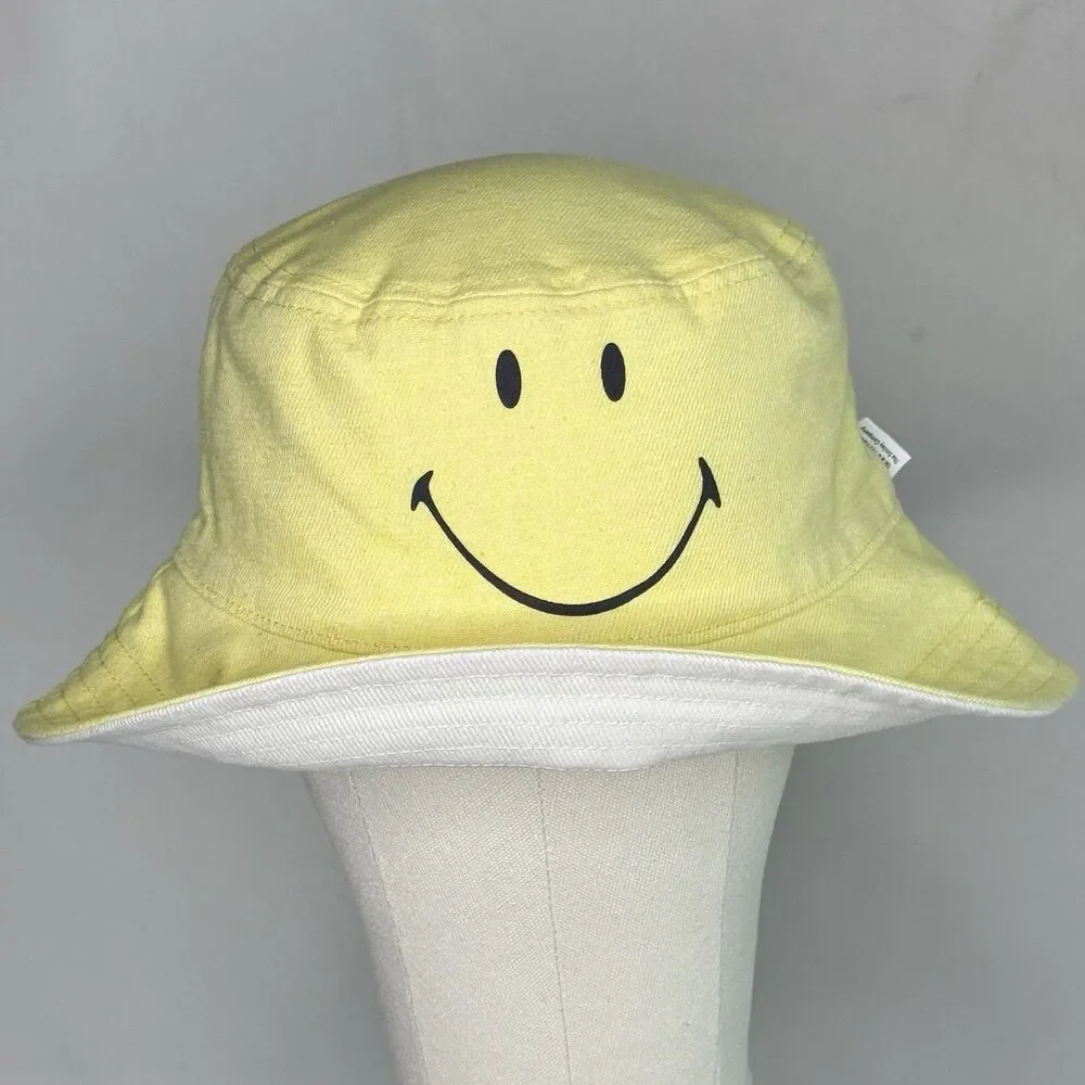 AMERICAN EAGLE Reversible Smiley Face Bucket Hat Sz O/S Yellow White Summer